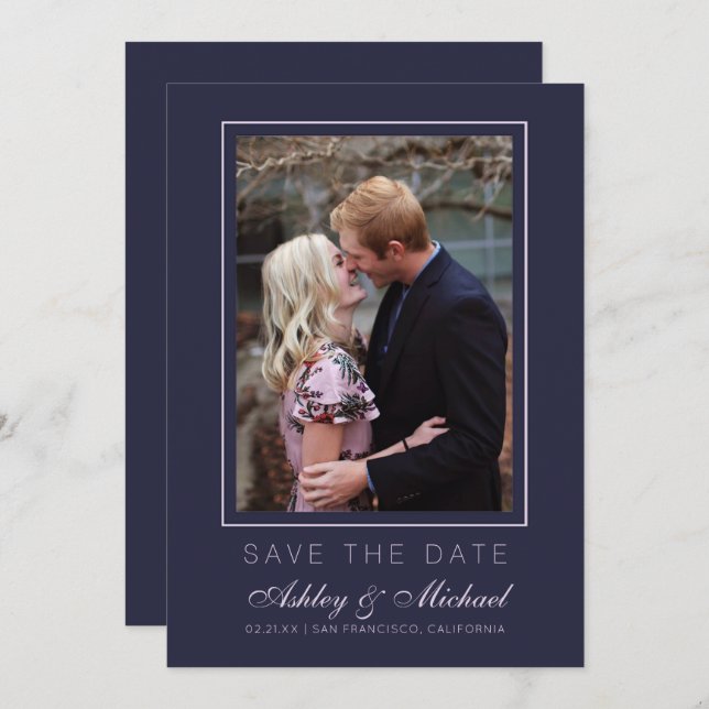 Convite Chic Azul Escuro Rosa Foto Casamento Save The Date (Frente/Verso)