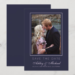 Convite Chic Azul Escuro Rosa Foto Casamento Save The Date