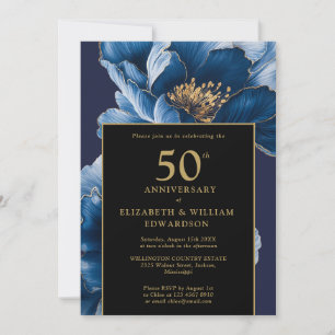 Convite Chic Azul Floral Preto E Dourado 50º Aniversário