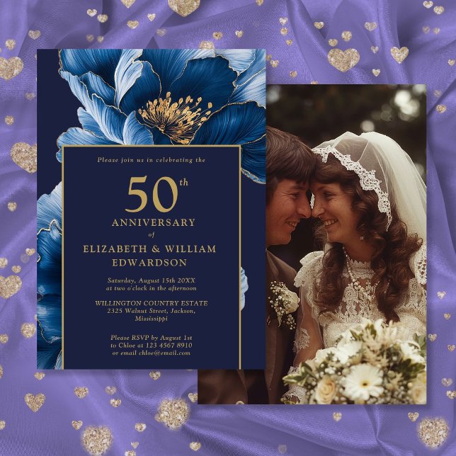 Convite Chic Azul Marinho Dourado Floral 50º Aniversário F (Chic Navy Blue Gold Floral 50th Anniversary Photo Invitation)