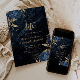 Convite Chic Azul Marinho Dourado Floral Casamento Salve a