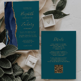 Convite Chic Azul Marinho Ouro Ágata Verde Código QR Casam