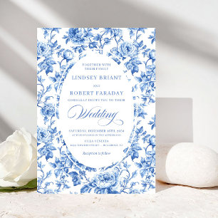 Convite Chic Azul Real Toile de Jouy Casamento Romântico