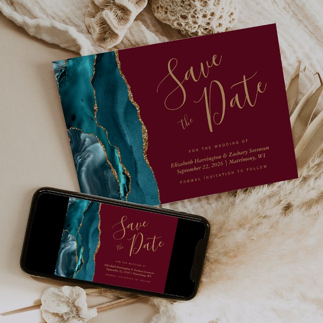 Convite Chic Azul Teal Dourado Ágata Burgundy Save the Dat (Criador carregado)