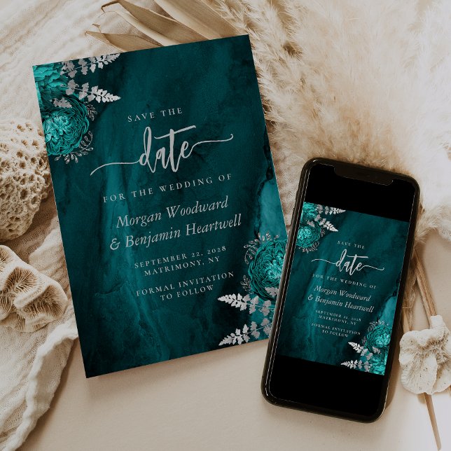 Convite Chic Azul Teal Prata Floral Casamento Salve a Data (Criador carregado)