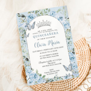Convite Chic Baby Blue Borboletas Florais Aranha Quinceañe