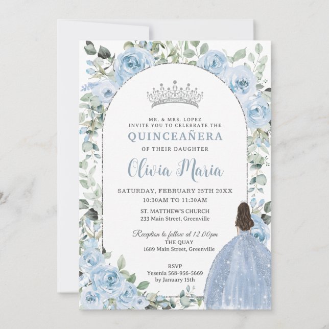 Convite Chic Baby Blue Floral Princesa Quinceañera Silver (Frente)