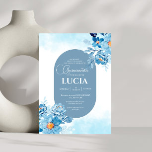 Convite Chic Baby Blue rosas geométrica Quinceañera