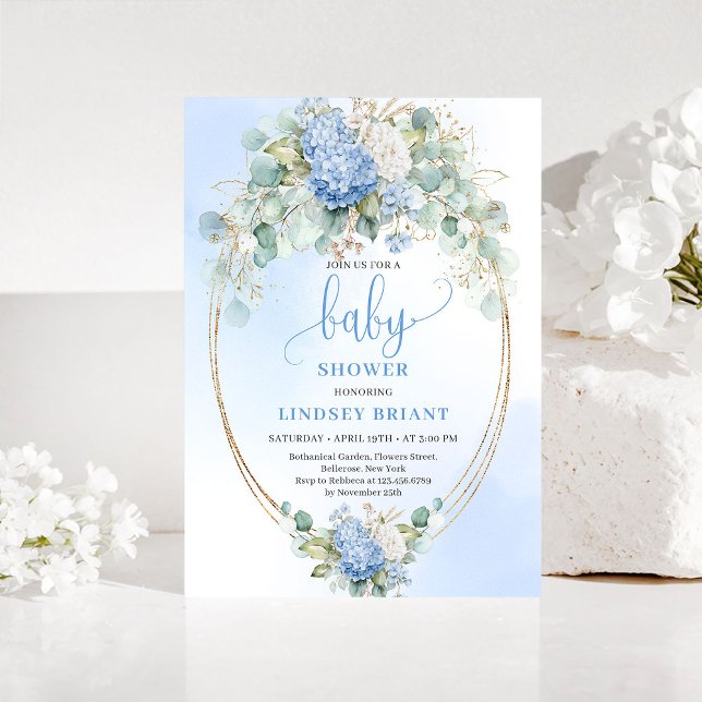 Convite Chic Baby Shower Invitation Blue Hydrangeas Gold (Chic Baby Shower Invitation Blue Hydrangeas Gold)