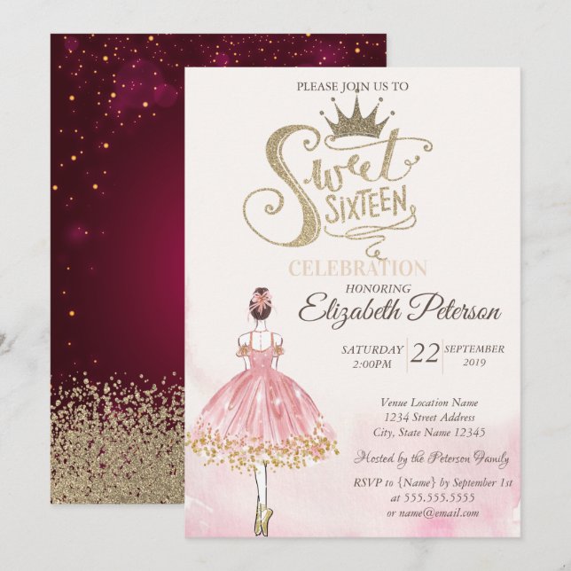 Convite Chic Ballerina, Tiara, Diamantes Sweet 16 (Frente/Verso)