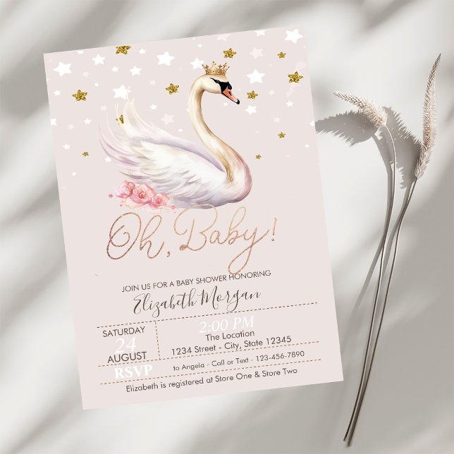 Convite Chic Bebê Cisne Coroa Estrelas Flores Chá de Bebê (Criador carregado)