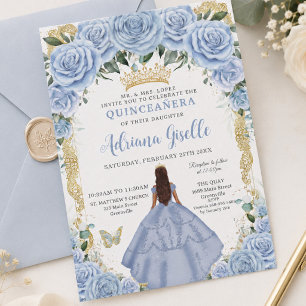 Convite Chic Bebê Flores Azuis Marrom Princesa Quinceañera