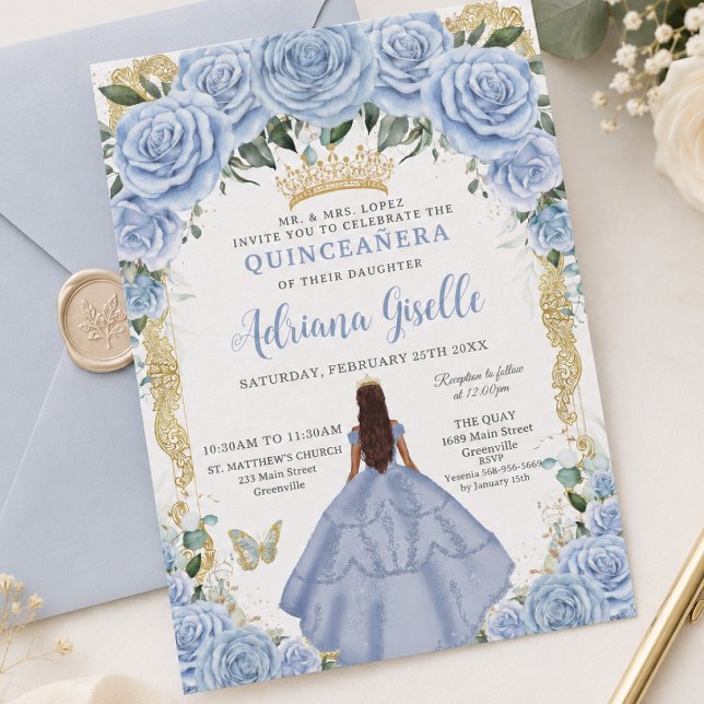 Convite Chic Bebê Flores Azuis Marrom Princesa Quinceañera (Criador carregado)