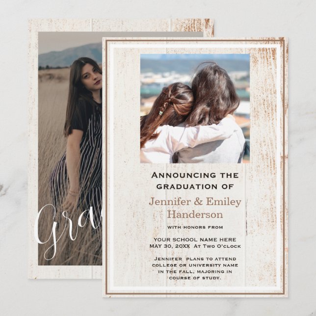 Convite Chic Beige photo double graduation Announcement (Frente/Verso)