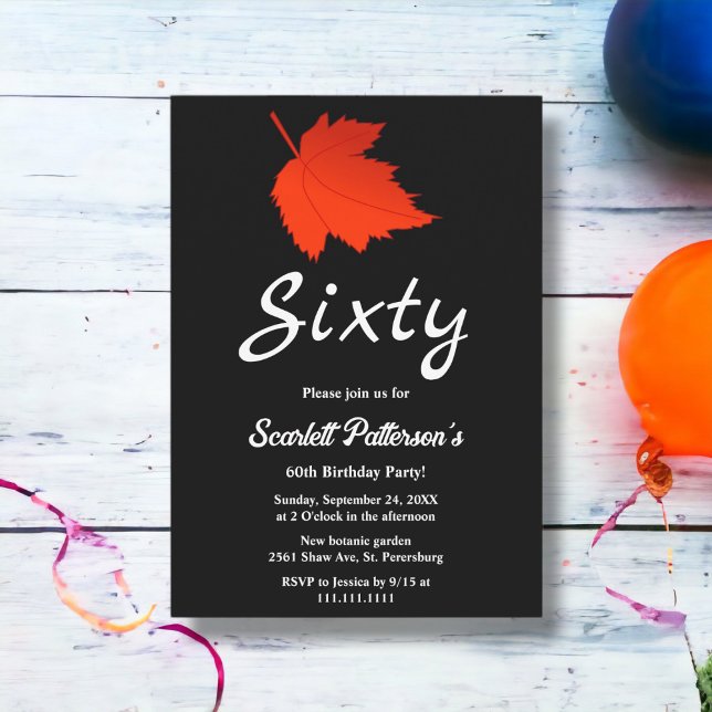 Convite Chic Black and White Red Leaves Caem 60º aniversár (Criador carregado)