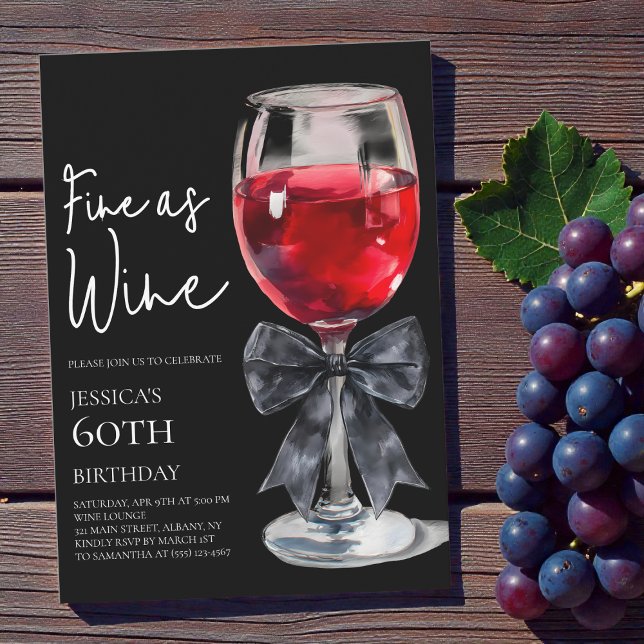 Convite Chic Black Bow Fine as Wine 60th Birthday Party (Chic Black Bow Fine as Wine 60th Birthday Party Invitation)