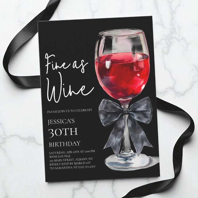 Convite Chic Black Bow Fine as Wine Festa de 30 Anos (Chic Black Bow Fine as Wine 30th Birthday Party Invitation)