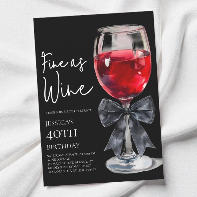 Convite Chic Black Bow Fine as Wine Festa de 40 Anos (Chic Black Bow Fine as Wine 40th Birthday Party Invitation)