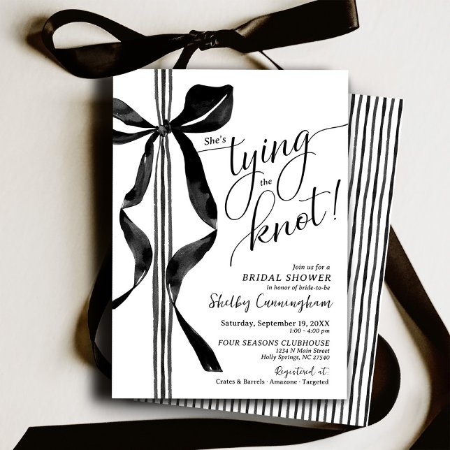 Convite Chic Black Bow She's Tying The Knot Bridal Shower (Chic classy modern watercolor black bow and white striped ribbon She's Tying the Knot Bridal Shower)
