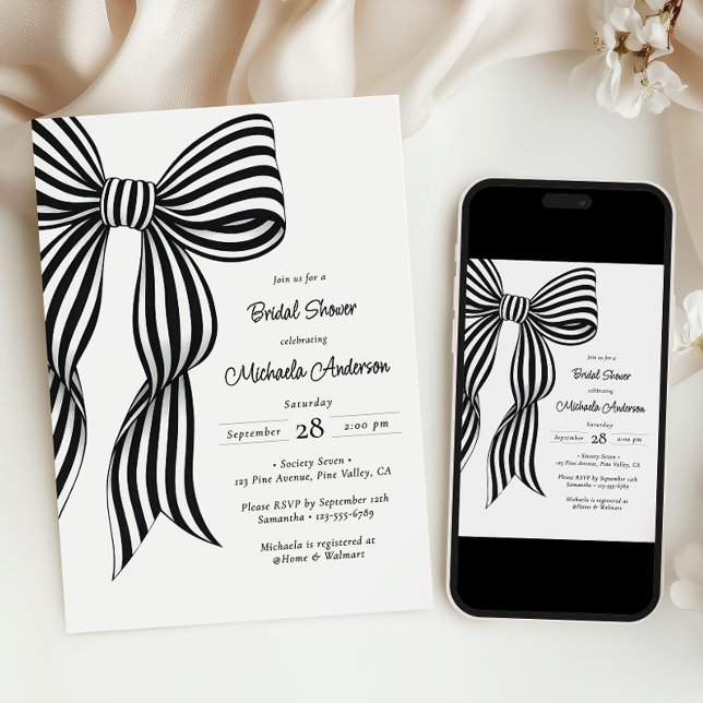Convite Chic Black Coquette Bow Striped Bridal Shower Invi (Criador carregado)