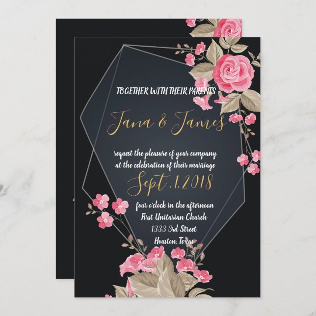 Convite Chic Black & Dourado Quadro geométrico (Frente/Verso)