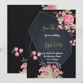 Convite Chic Black & Dourado quadro Geométrico salvar a da