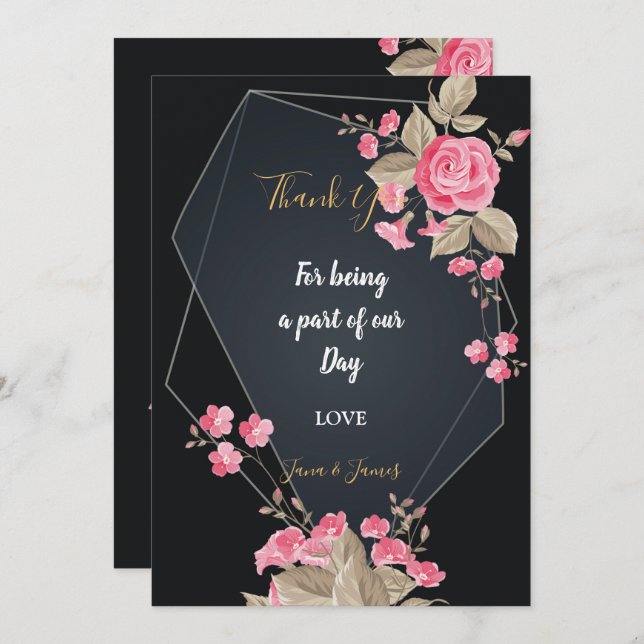 Convite Chic Black e Dourado quadro geométrico obrigado vo (Frente/Verso)