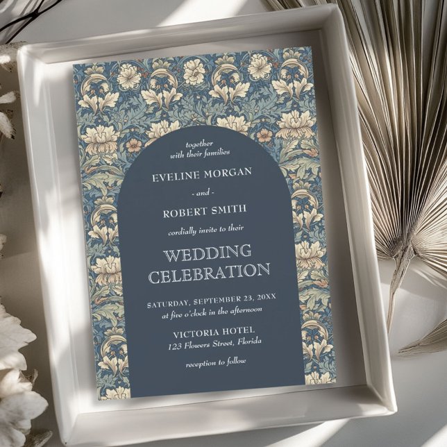 Convite Chic Black Pastel Blue ivory floral Art Nouveau (Chic dark pastel blue ivory floral Art Nouveau Invitation)