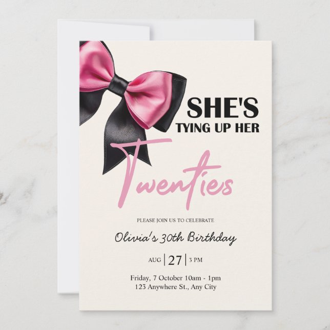 Convite Chic Black & Pink Bow 30th Birthday Invitation (Frente)