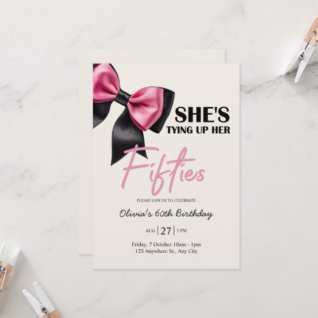 Convite Chic Black & Pink Bow 60th Birthday Invitation (Frente/Verso In Situ)