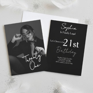 Convite Chic Black & White Modern21st Photo Birthday