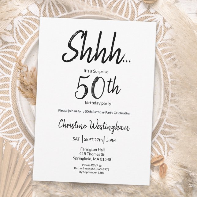 Convite Chic Black White Surprise 50th Birthday (Criador carregado)