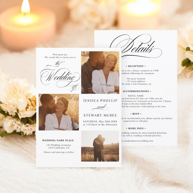 Convite Chic Black White tudo em um roteiro fotos de casam (Chic black white all in one script photos wedding invitation)