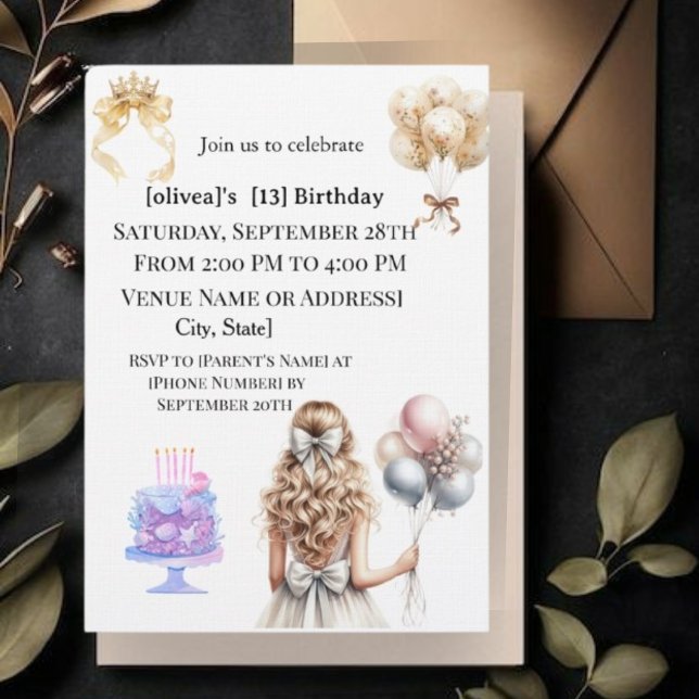 Convite Chic Blonde Girl 13th Birthday Party Invitation (Criador carregado)