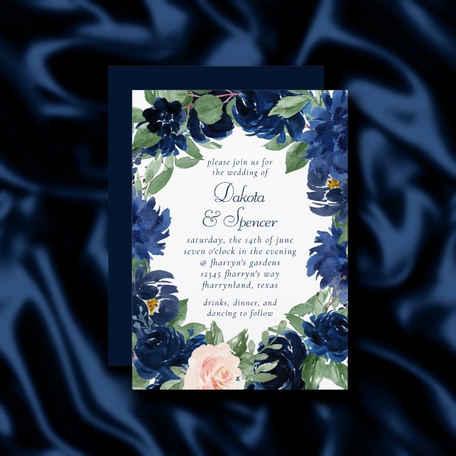 Convite Chic Blooms | Casamento Floral Marinho Azul e Esca (Criador carregado)