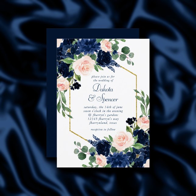 Convite Chic Blooms | Quadro Dourado azul-Marinho e cor-de (Criador carregado)