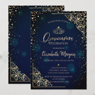 Convite Chic Blue Dourado Tiara, Diamantes Quinceañera