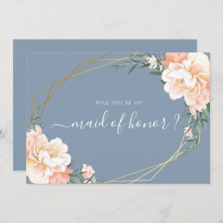 Convite Chic Blue Floral Dourado Você Será Minha Madrinha