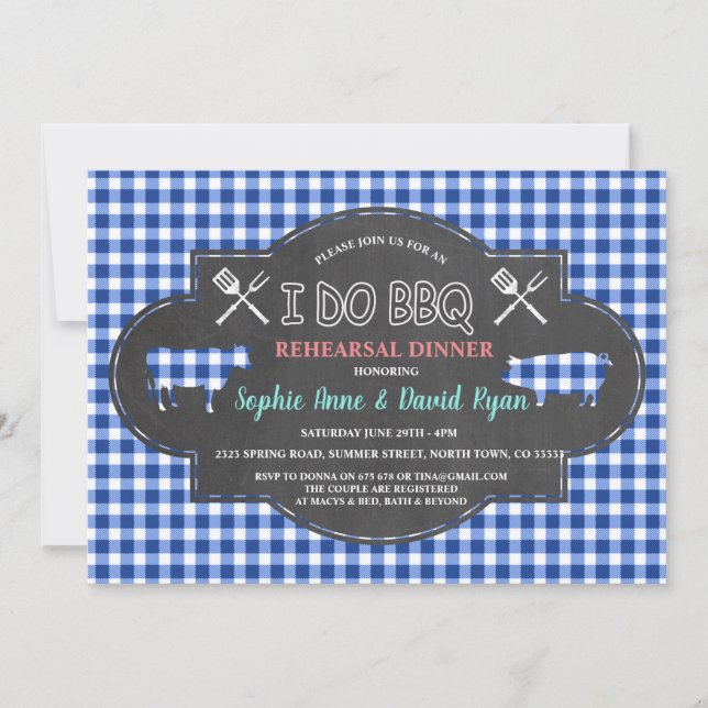 Convite Chic Blue Gingham Chalk I DO CHURRASCO Janto de en (Frente)