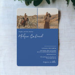 Convite Chic blue script names 3 fotos qr code casamento<br><div class="desc">Um convite de casamento moderno, chic e elegante com nomes personalizados com caligrafia escrita à mão em azul-chic e branco e 3 fotos. Todas as cores de texto, nomes e fundo são personalizáveis. Um convite simples e minimalista. Adicione seu código qr para um tudo em um convite de casamento com...</div>