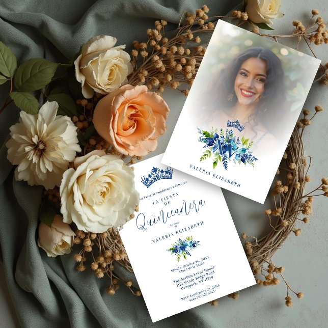 Convite Chic Blue Shades Flowers & Foliage Princess Tiara  (Chic Blue Shades Flowers & Foliage Princess Tiara Mis XV Años Invitation Cards with Photo.)