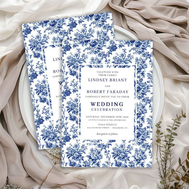 Convite Chic Blue Toile de Jouy Elegant Wedding Invitation (Chic Blue Toile de Jouy Elegant Wedding Invitation)