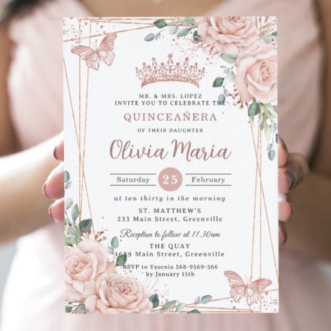 Convite Chic Blush Borboletas Florais Rosa Quinceañera (Criador carregado)