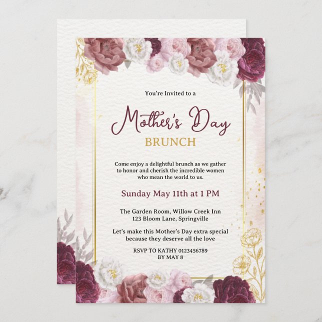 Convite Chic Blush Botanical Floral Dia de as mães Brunch (Frente/Verso)