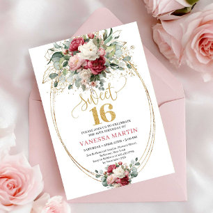 Convite Chic Blush Burgundy Floral Doze Anos Aniversário