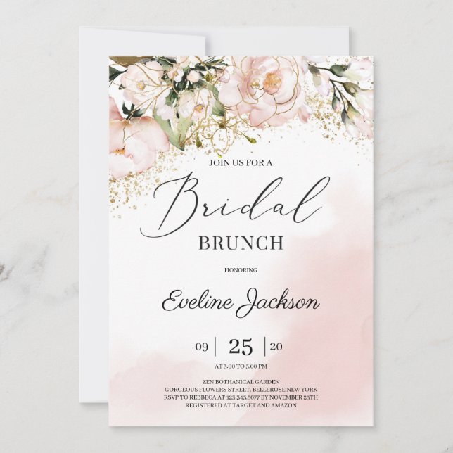 Convite Chic Blush cor-de-rosa, brunch-bridal (Frente)