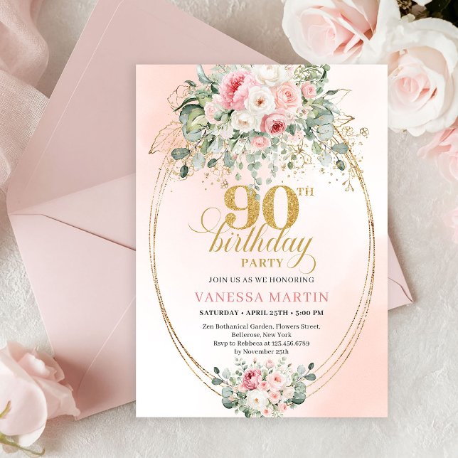 Convite Chic Blush Floral Greenery 90th Birthday Invite (Chic Blush Floral Greenery 90th Birthday Invitation)