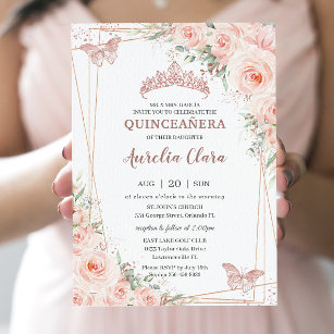 Convite Chic Blush Floral Rosa Dourada Borboleta Quinceañe
