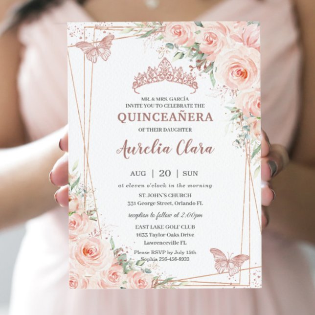 Convite Chic Blush Floral Rosa Dourada Borboleta Quinceañe (Criador carregado)