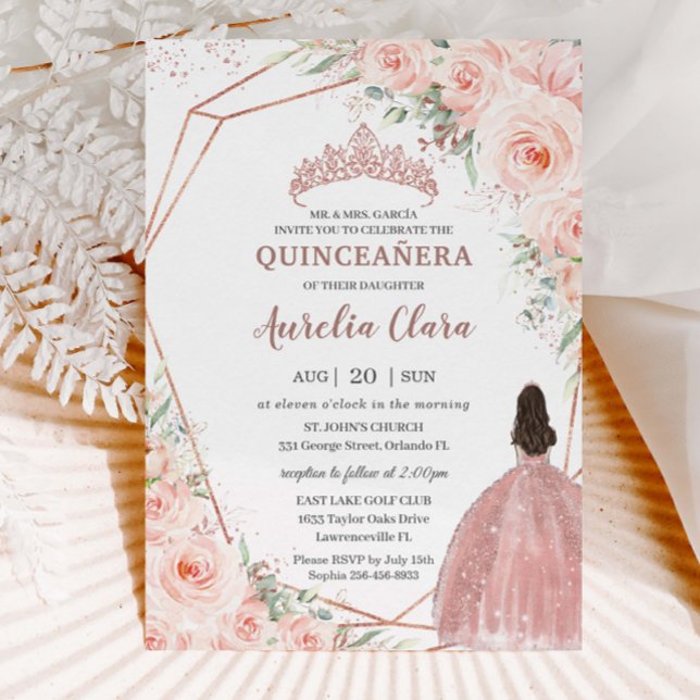 Convite Chic Blush Floral Rosa Dourado Quinceañera Princes (Criador carregado)